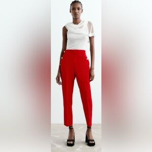 Zara High-Waist Red Tailored Pants with Side Button Detail